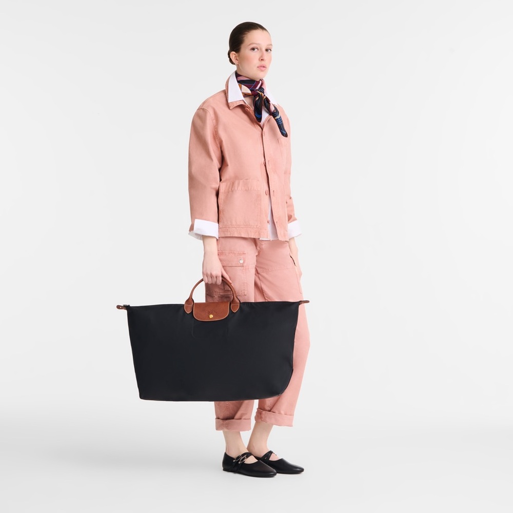 Longchamp Black Travel Bag with Brown Accent
